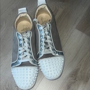 Christian Louboutin Gray and Cream Spiked Sneakers